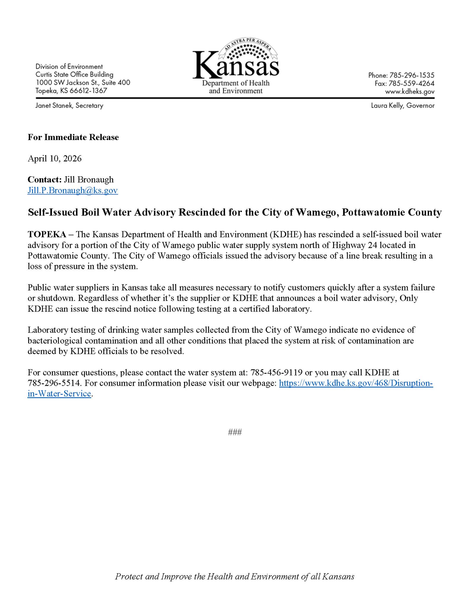 News Image Boil Water Advisory Rescinded on April 10th
